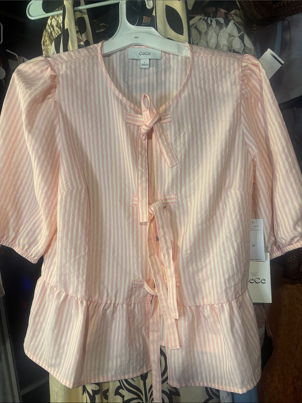NWT CeCe Pink and Cream Striped Tie-Front Top